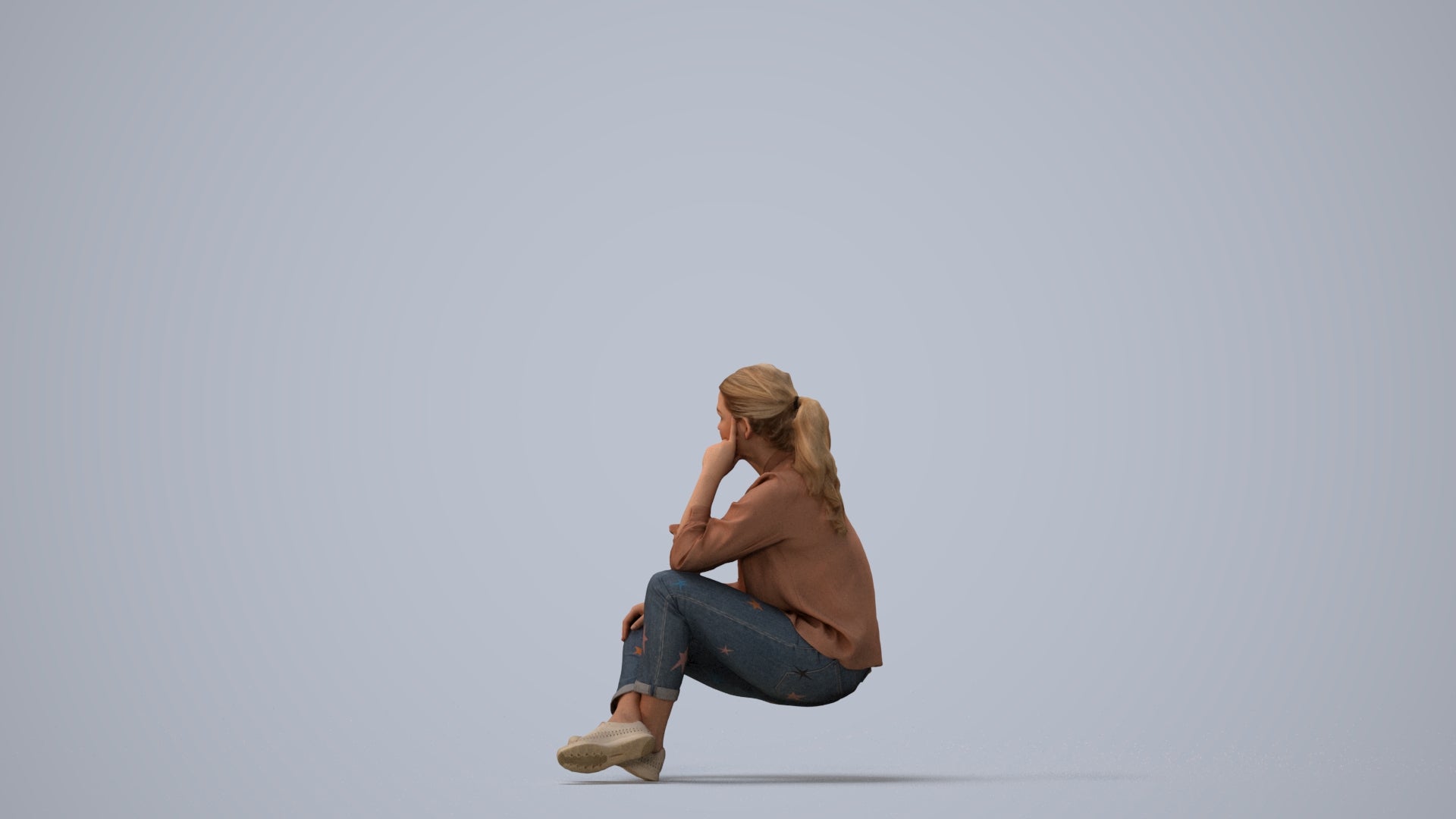 3D human model woman casual sitting, photogrammetry scanned person for archviz, three-quarter view render