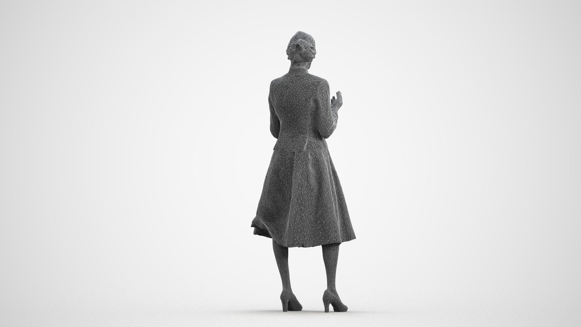 realistic 3D senior woman business standing, scanned archviz people for Blender and 3ds Max, wireframe front view