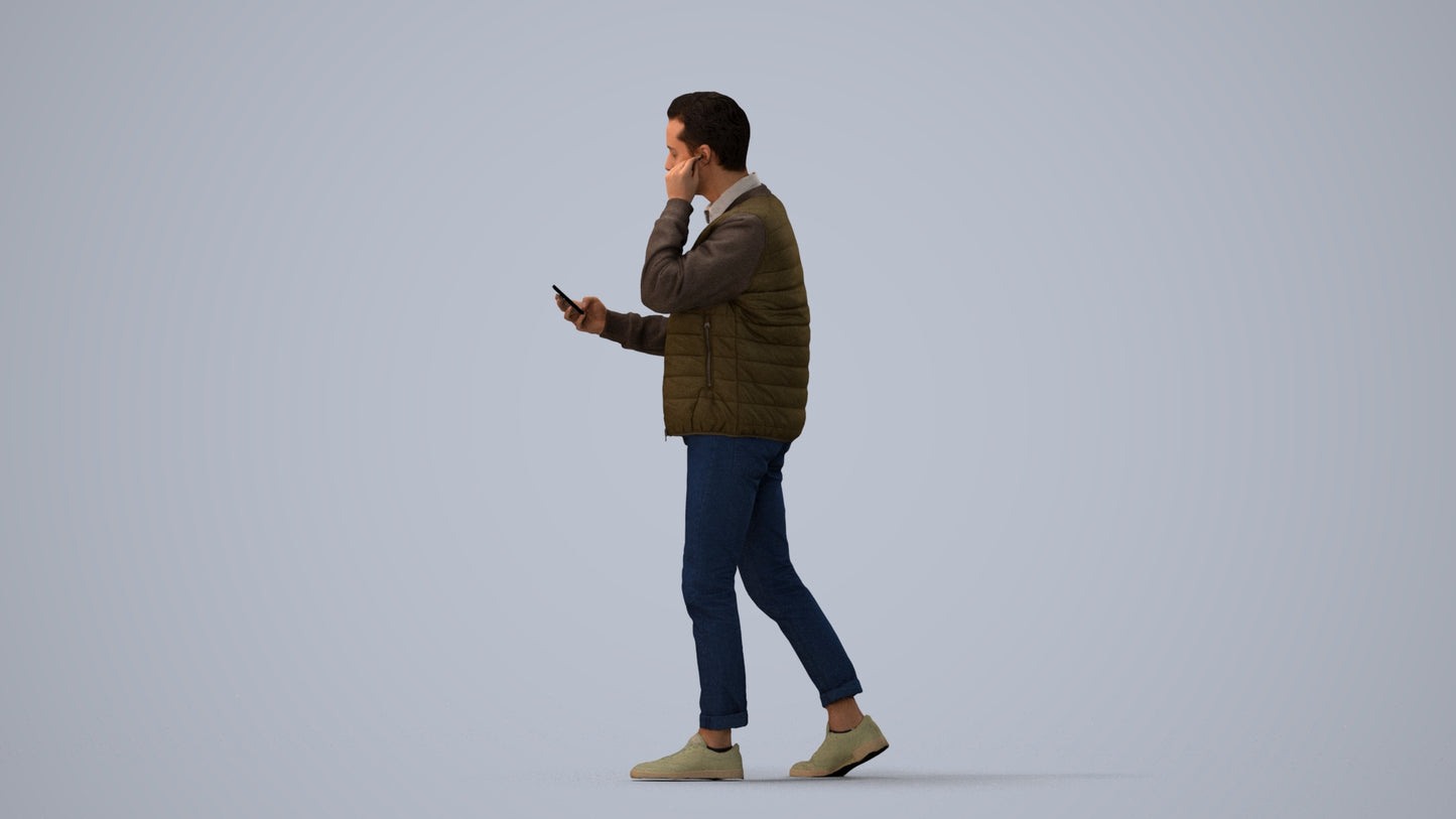 3D scanned man walking casual, photorealistic archviz people for Enscape and SketchUp, three-quarter view render