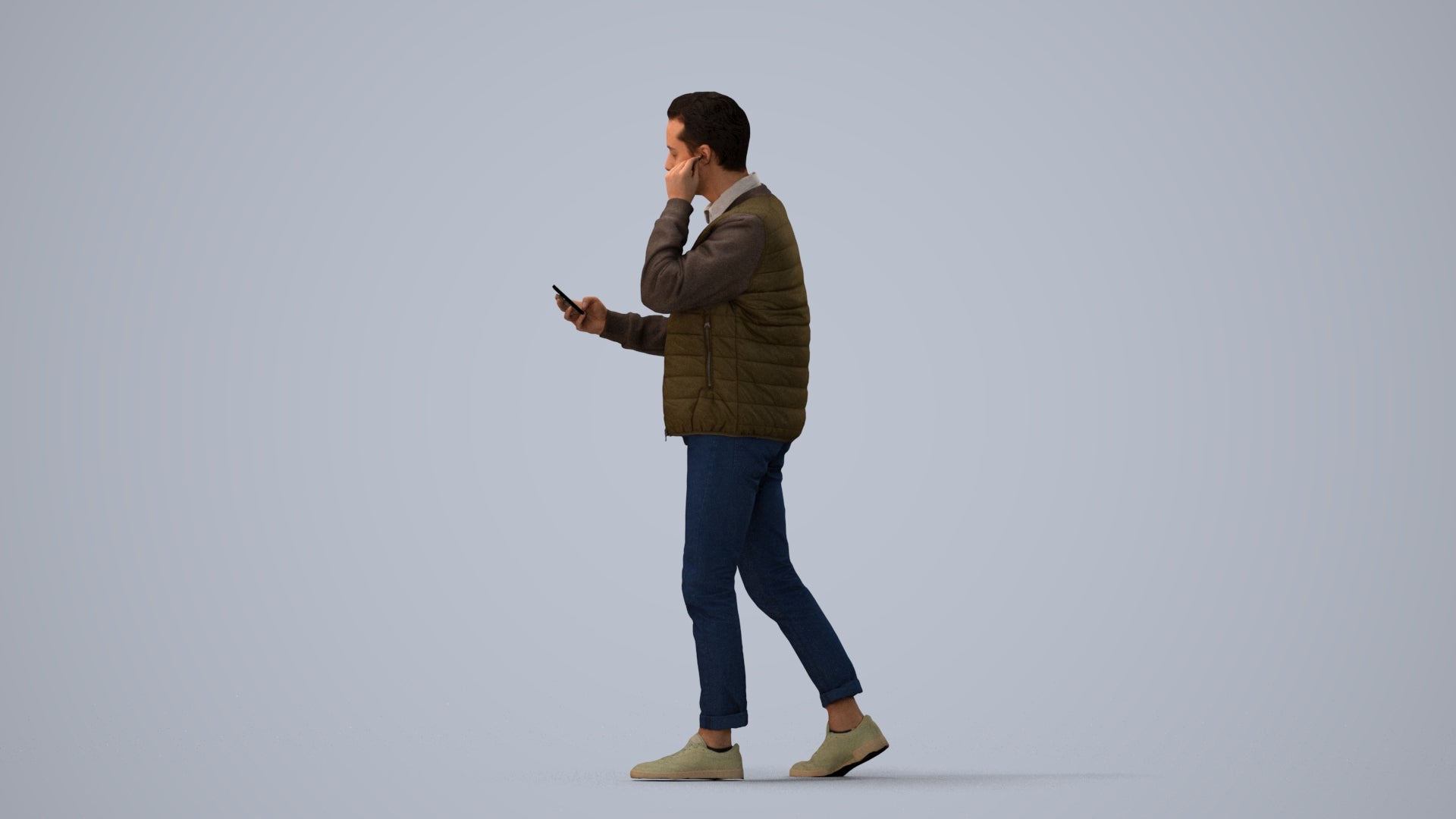 3D scanned man walking casual, photorealistic archviz people for Enscape and SketchUp, three-quarter view render