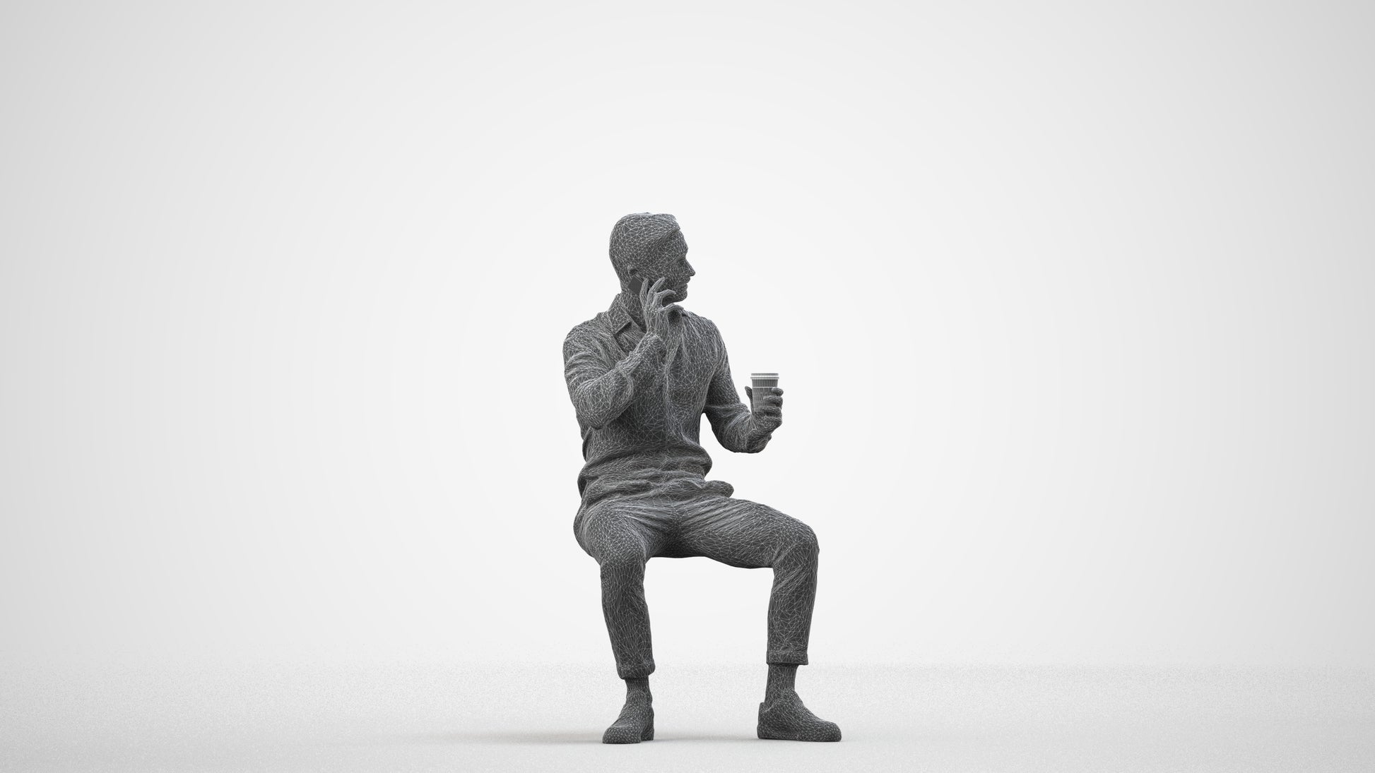realistic 3D people man casual sitting, render-ready for V-Ray and Corona, FBX OBJ, wireframe side view