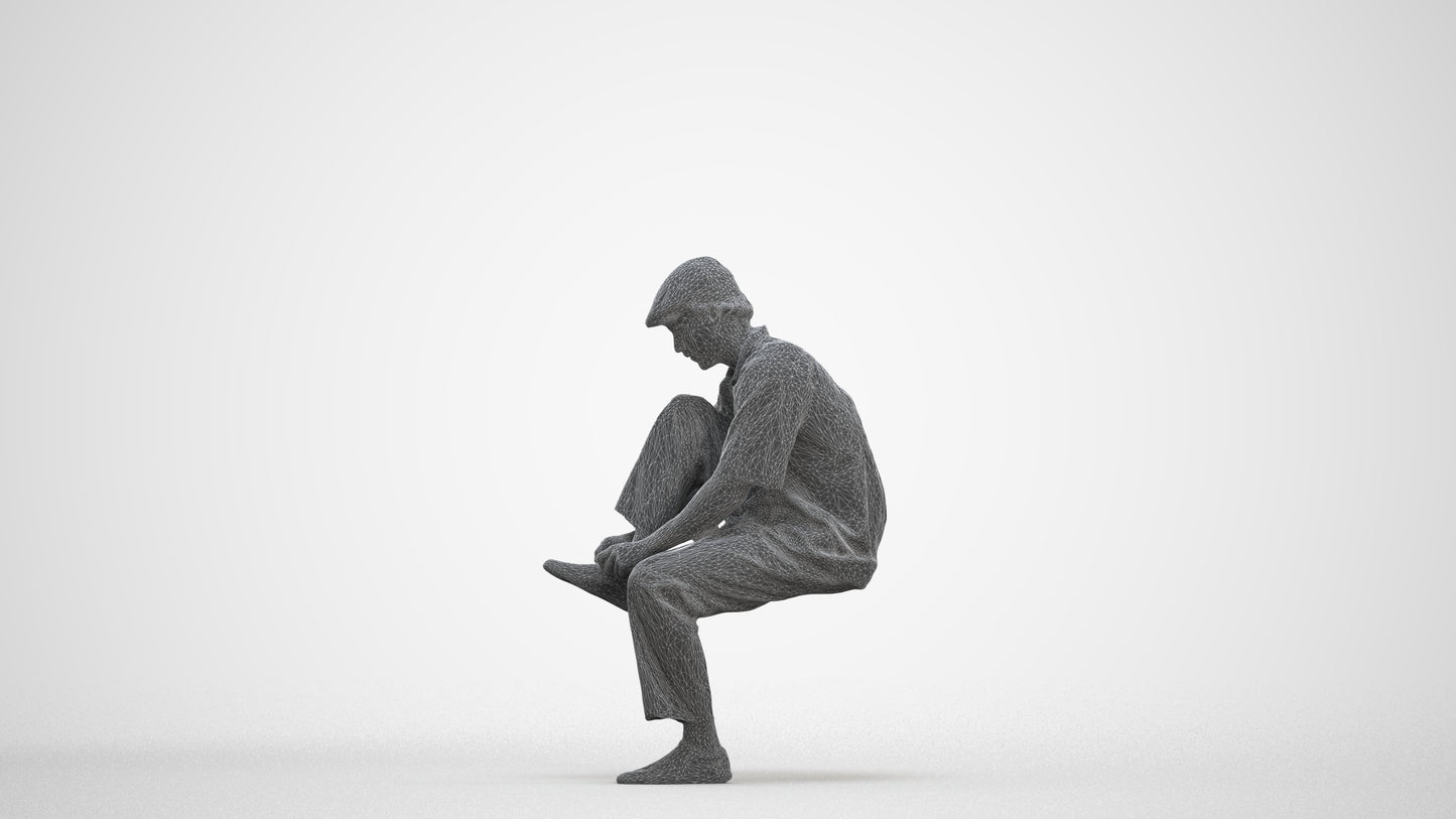 3D scanned man sitting casual, photorealistic archviz people for Enscape and SketchUp, three-quarter front view render