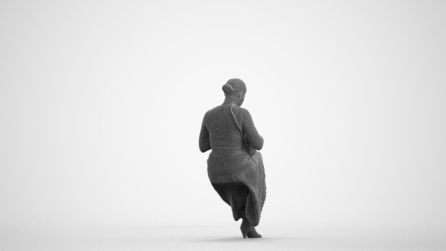 realistic 3D human woman casual sitting, archviz people FBX OBJ for Blender, wireframe front view