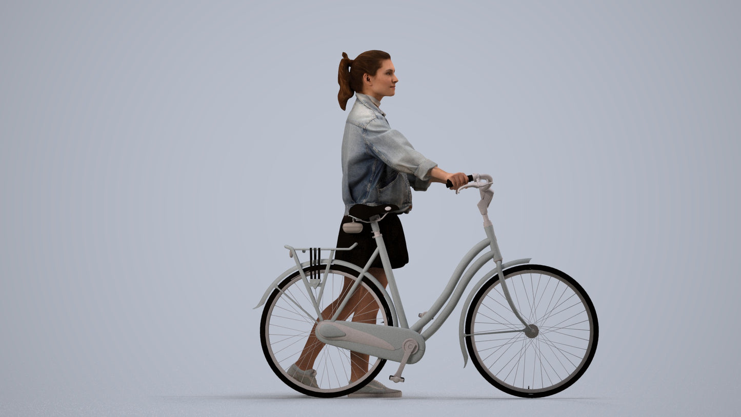 scanned 3D woman casual cycling, photogrammetry people for Enscape and V-Ray, side view render