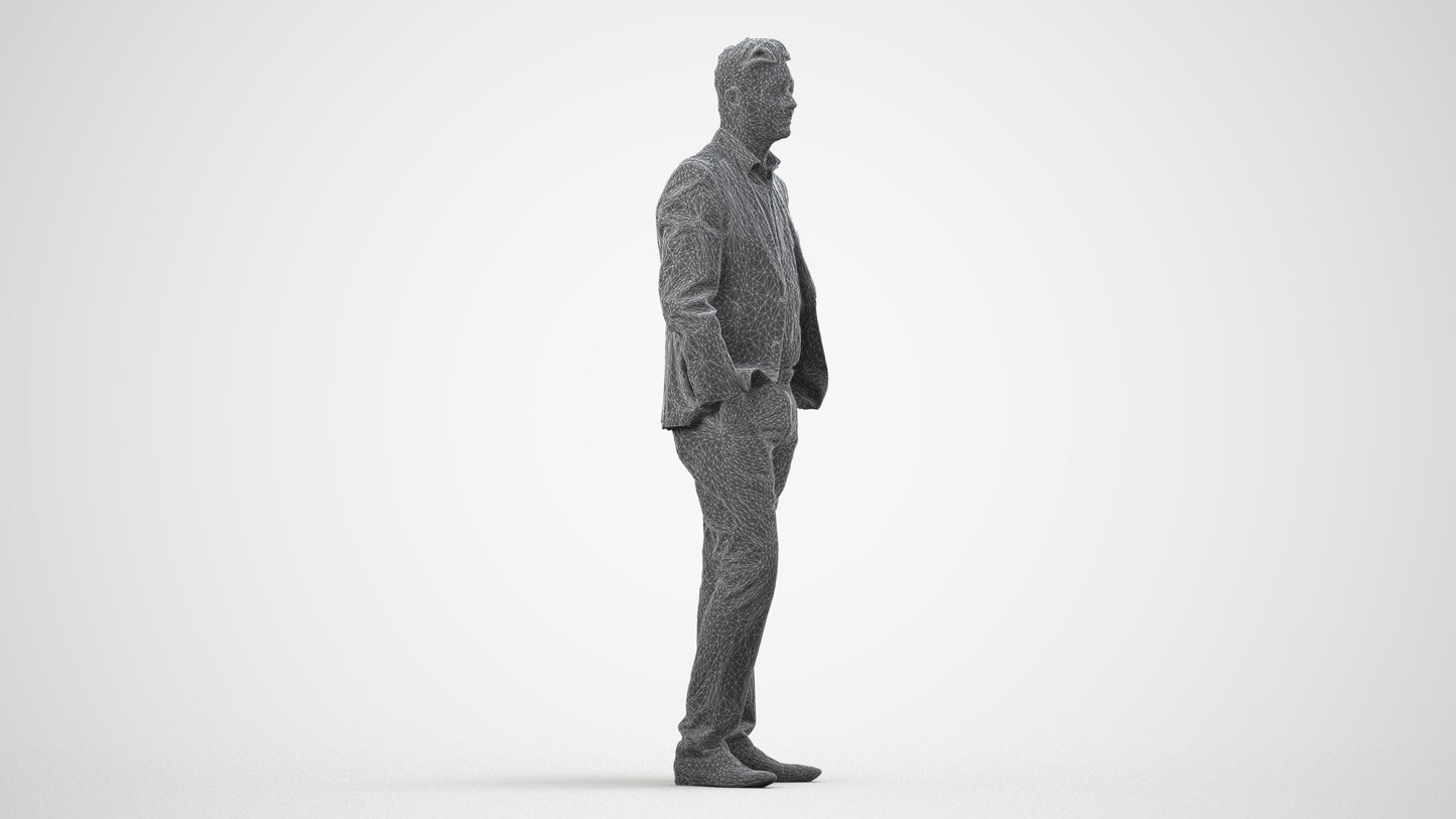 realistic 3D man business standing, scanned archviz people for Blender and 3ds Max, wireframe side view