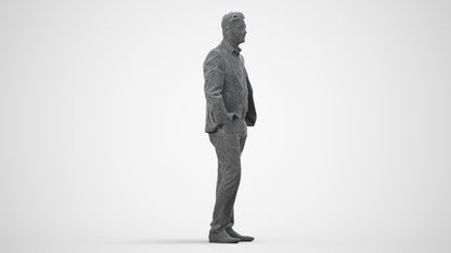 realistic 3D man business standing, scanned archviz people for Blender and 3ds Max, wireframe side view