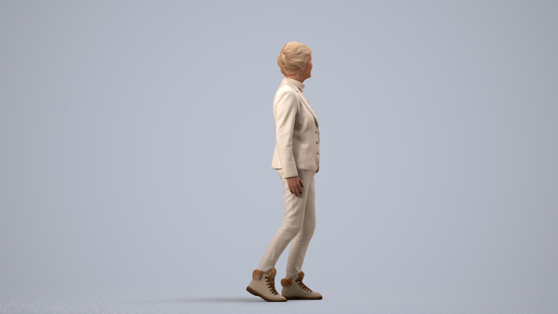 realistic 3D human senior woman business standing, archviz people FBX OBJ for Blender, side view render