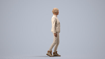 realistic 3D human senior woman business standing, archviz people FBX OBJ for Blender, side view render