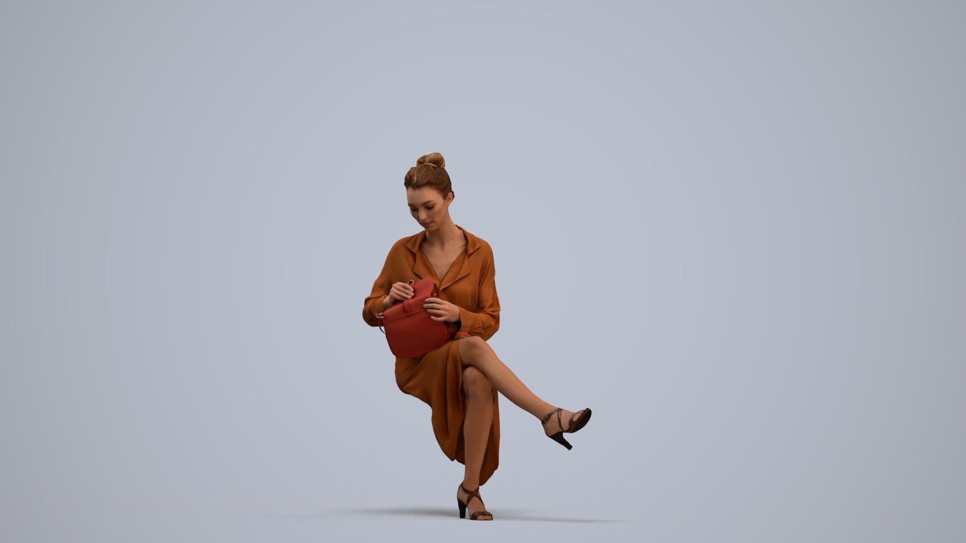 realistic 3D woman casual sitting, scanned archviz people for Blender and 3ds Max, standing pose render