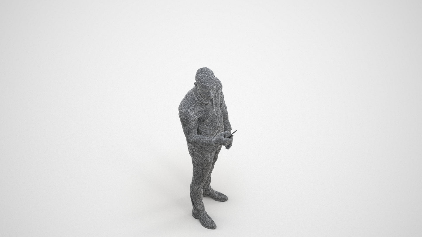 photogrammetry 3D man business standing, realistic human model archviz FBX, wireframe three-quarter view