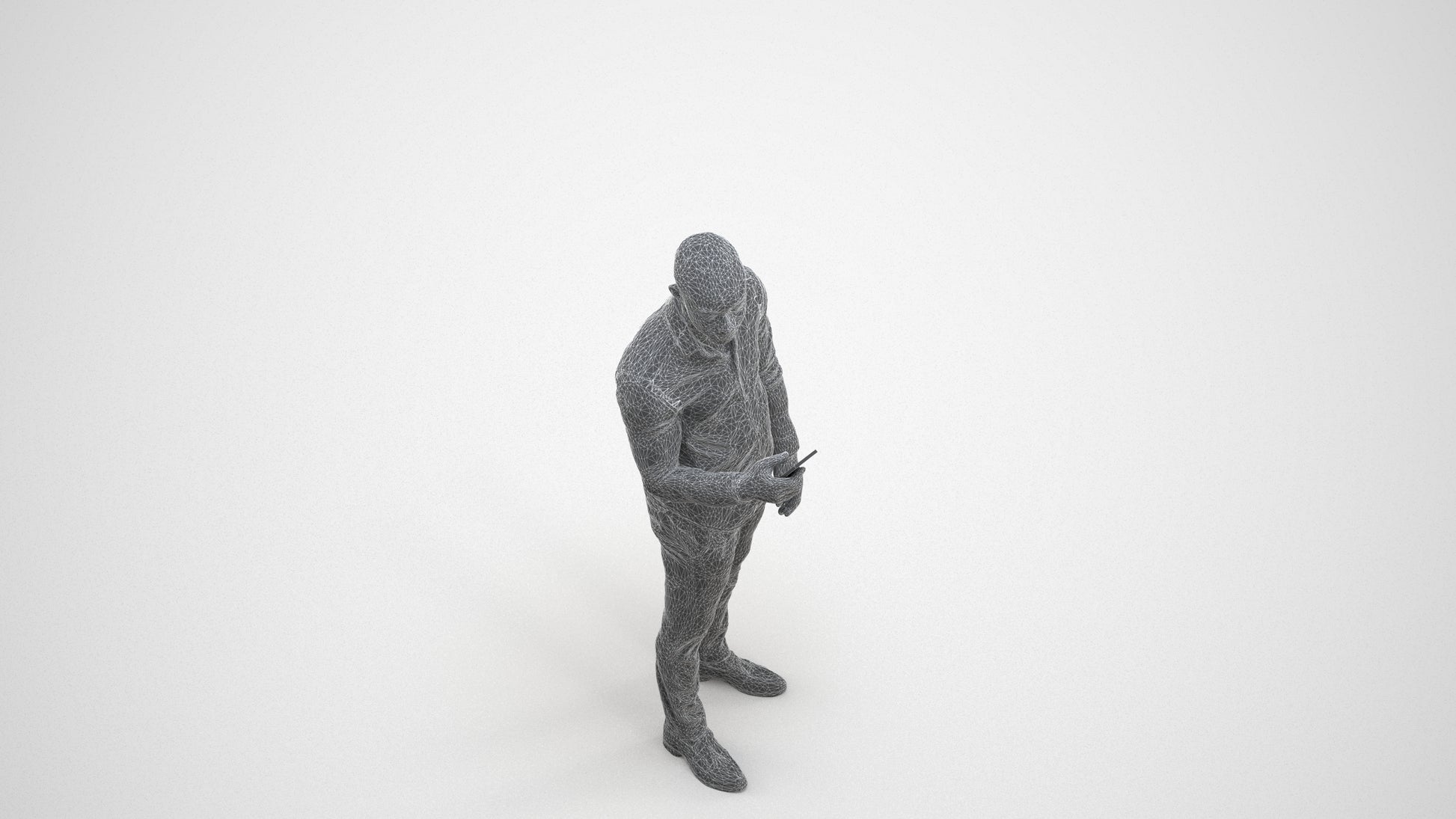 photogrammetry 3D man business standing, realistic human model archviz FBX, wireframe three-quarter view