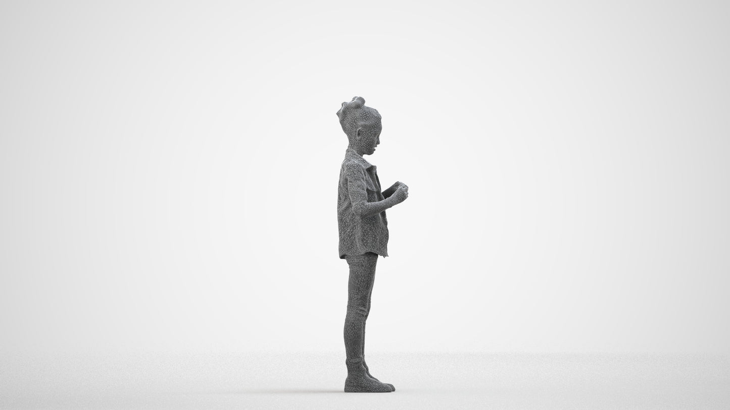 photogrammetry 3D girl casual kids, realistic human model archviz FBX, wireframe side view