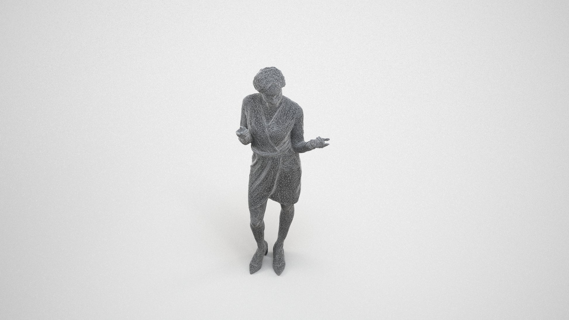 3D human model woman casual standing, photogrammetry scanned person for archviz, wireframe three-quarter view