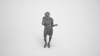 3D human model woman casual standing, photogrammetry scanned person for archviz, wireframe three-quarter view