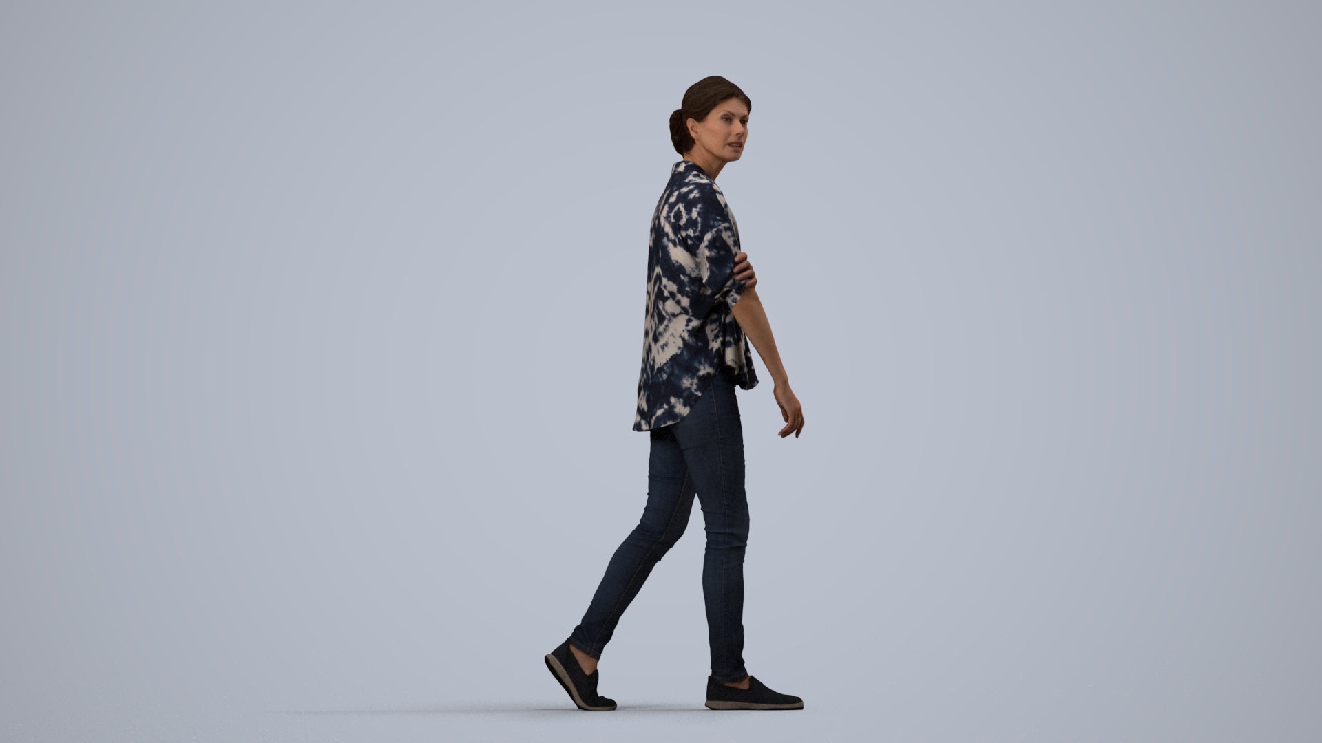 3D people model woman casual walking, scanned human for 3ds Max rendering, side view render