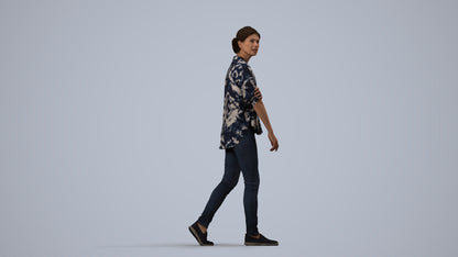 3D people model woman casual walking, scanned human for 3ds Max rendering, side view render