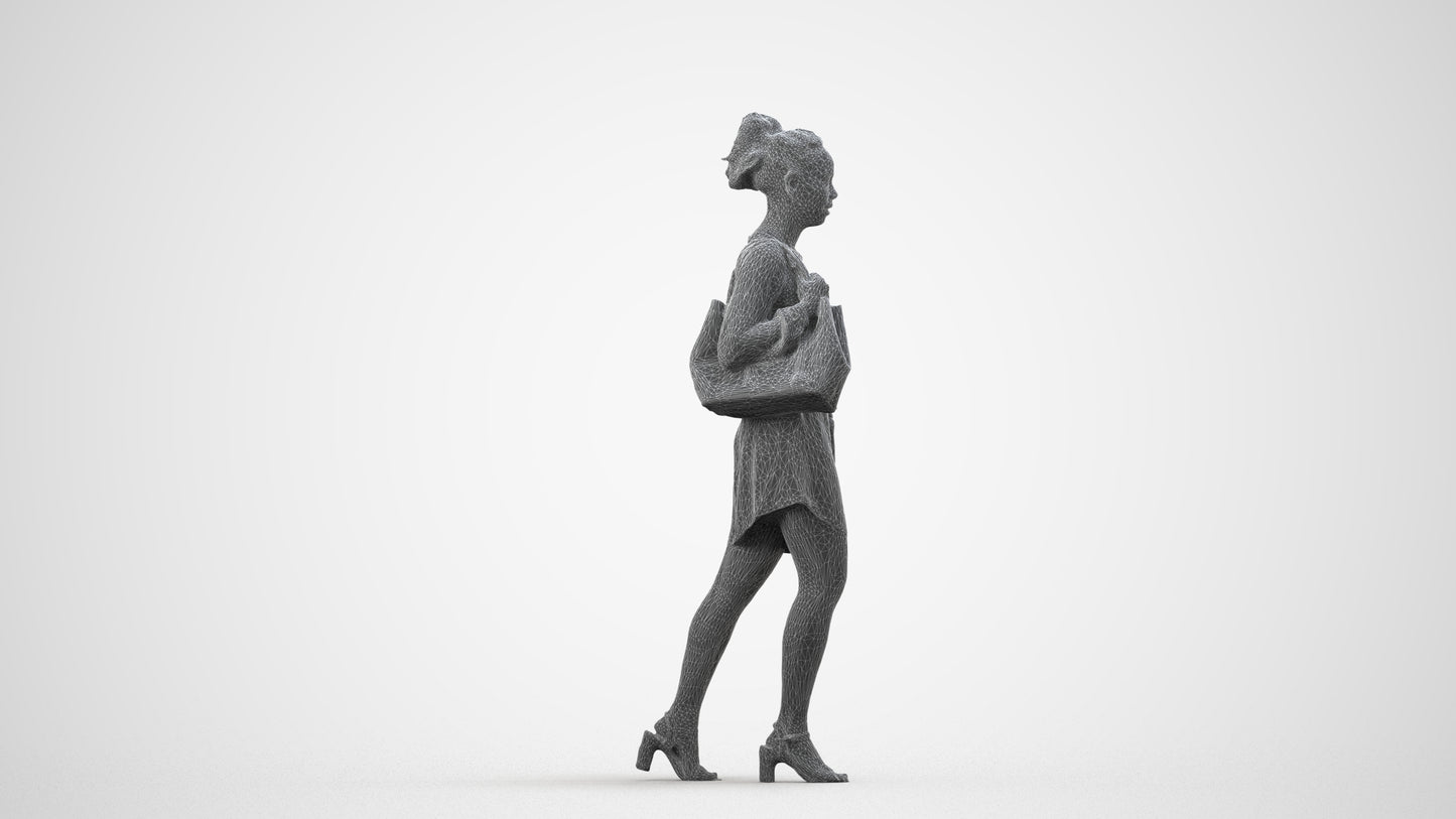 scanned 3D woman casual walking, photogrammetry people for Enscape and V-Ray, wireframe side view