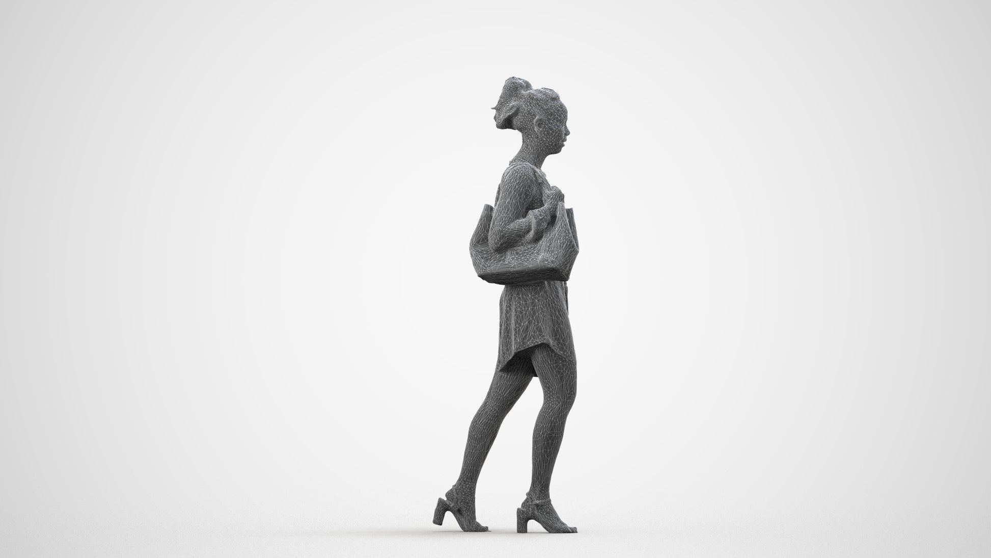 scanned 3D woman casual walking, photogrammetry people for Enscape and V-Ray, wireframe side view