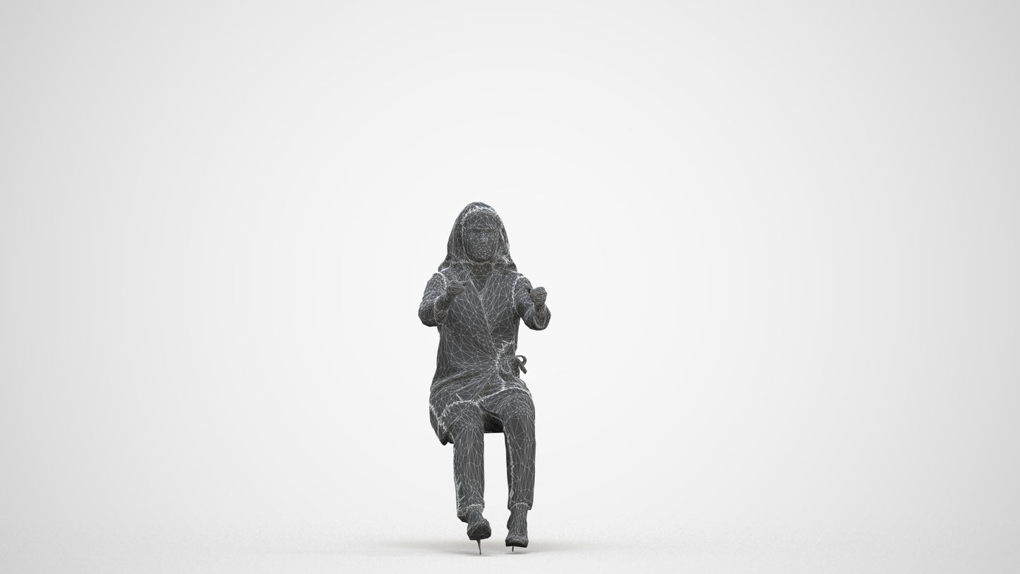3D human model woman business sitting, photogrammetry scanned person for archviz, three-quarter front view render