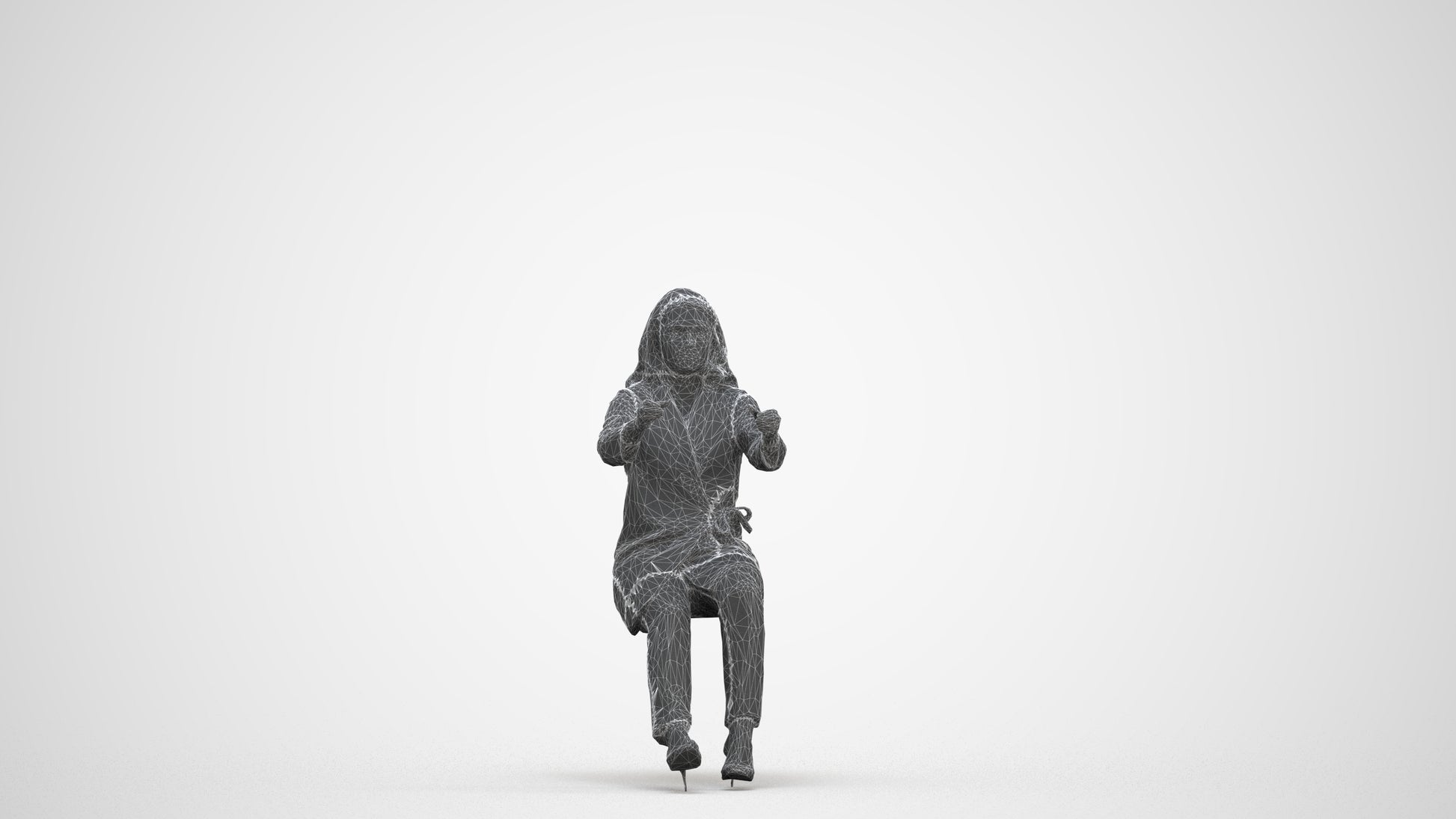 3D human model woman business sitting, photogrammetry scanned person for archviz, three-quarter front view render