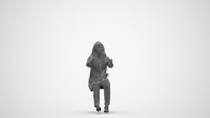 3D human model woman business sitting, photogrammetry scanned person for archviz, three-quarter front view render