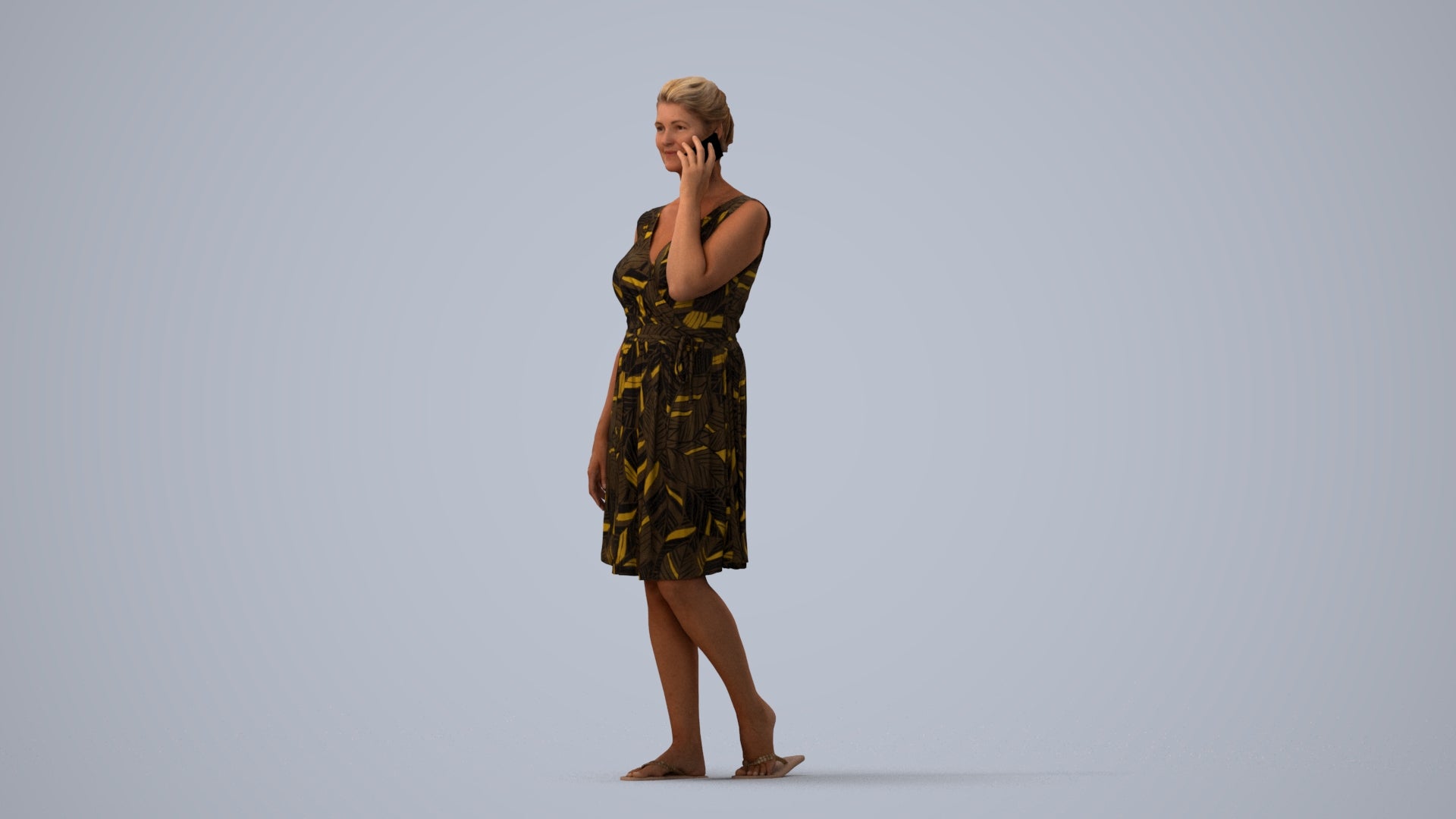 realistic 3D woman casual walking, scanned archviz people for Blender and 3ds Max, three-quarter view render