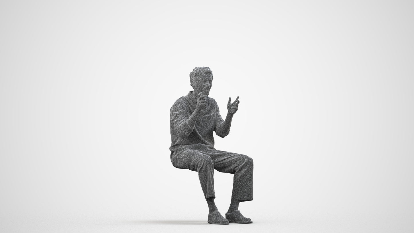 3D scanned man sitting casual, photorealistic archviz people for Enscape and SketchUp, wireframe side view