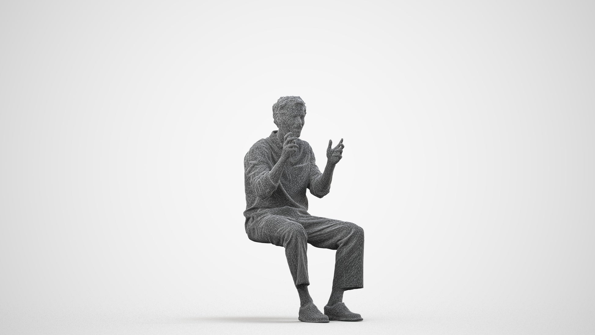 3D scanned man sitting casual, photorealistic archviz people for Enscape and SketchUp, wireframe side view