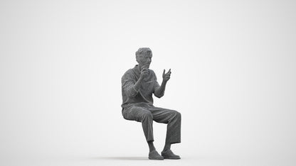3D scanned man sitting casual, photorealistic archviz people for Enscape and SketchUp, wireframe side view