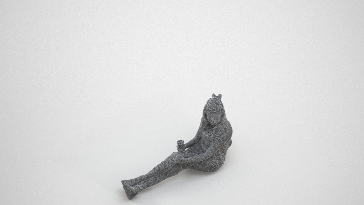 scanned 3D woman casual sitting, photogrammetry people for Enscape and V-Ray, wireframe three-quarter view