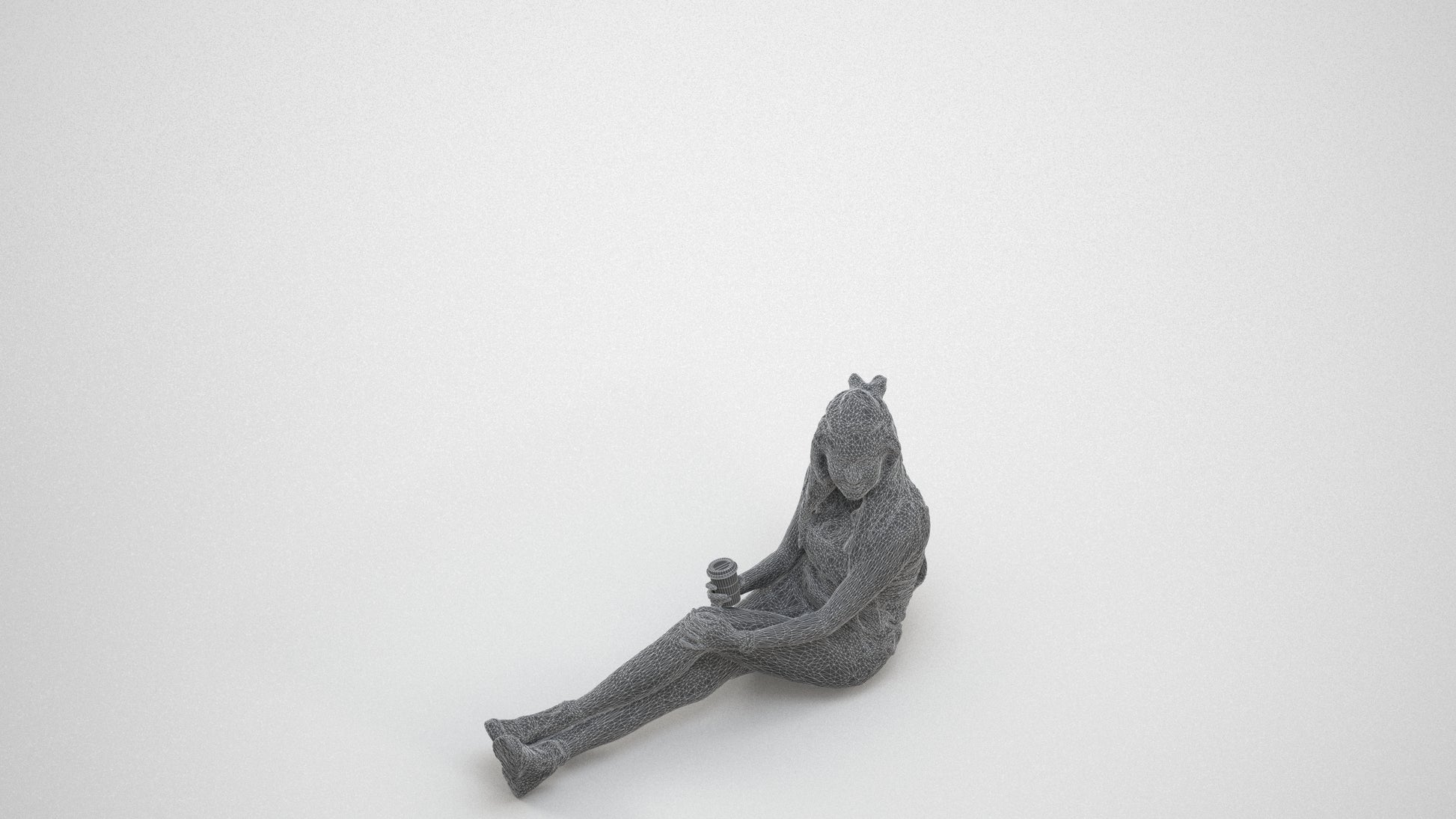 scanned 3D woman casual sitting, photogrammetry people for Enscape and V-Ray, wireframe three-quarter view