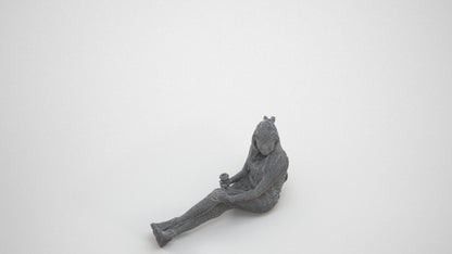 scanned 3D woman casual sitting, photogrammetry people for Enscape and V-Ray, wireframe three-quarter view