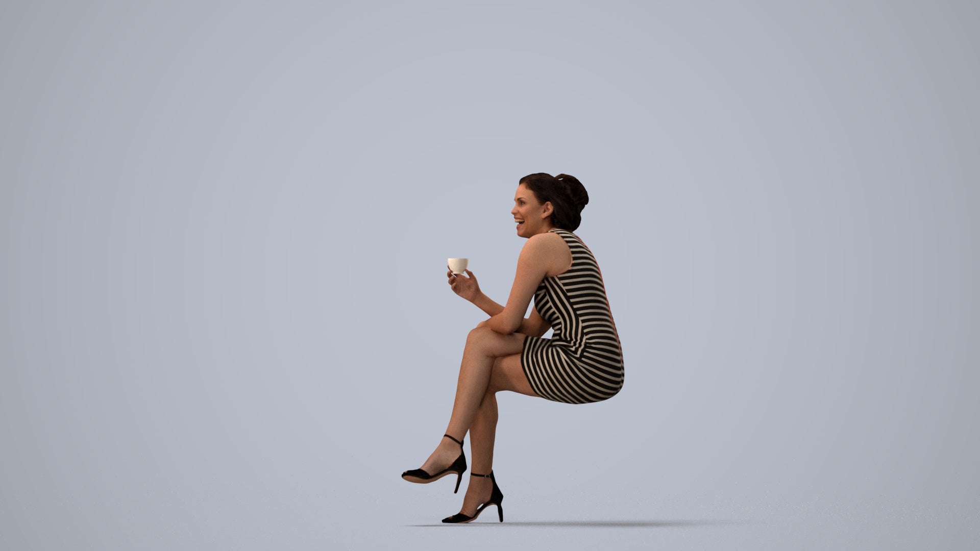 3D people model woman casual sitting, scanned human for 3ds Max rendering, three-quarter view render