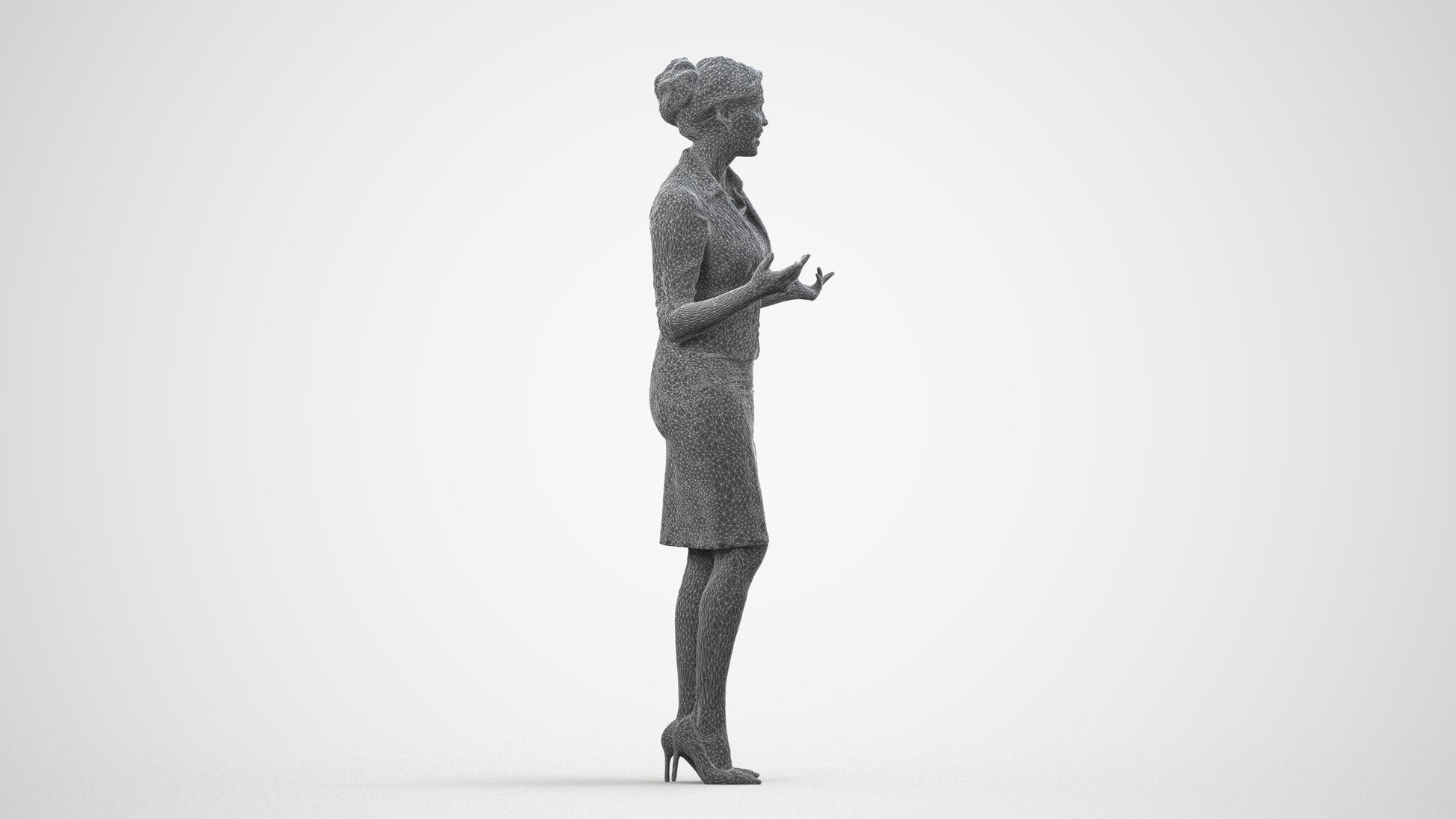 realistic 3D woman hospitality, scanned archviz people for Blender and 3ds Max, wireframe side view