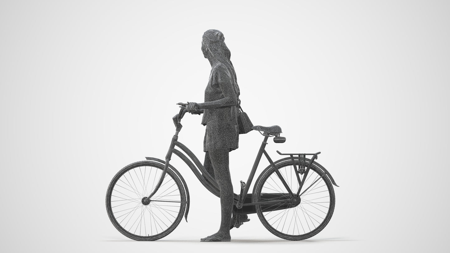 realistic 3D woman casual cycling, scanned archviz people for Blender and 3ds Max, square thumbnail