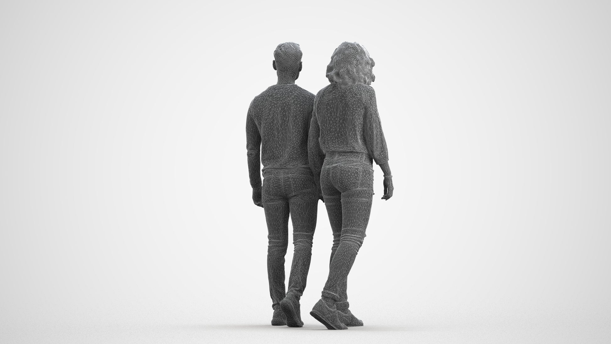 realistic 3D woman casual couple, scanned archviz people for Blender and 3ds Max, wireframe front view