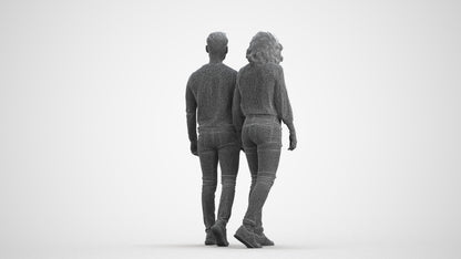 realistic 3D woman casual couple, scanned archviz people for Blender and 3ds Max, wireframe front view