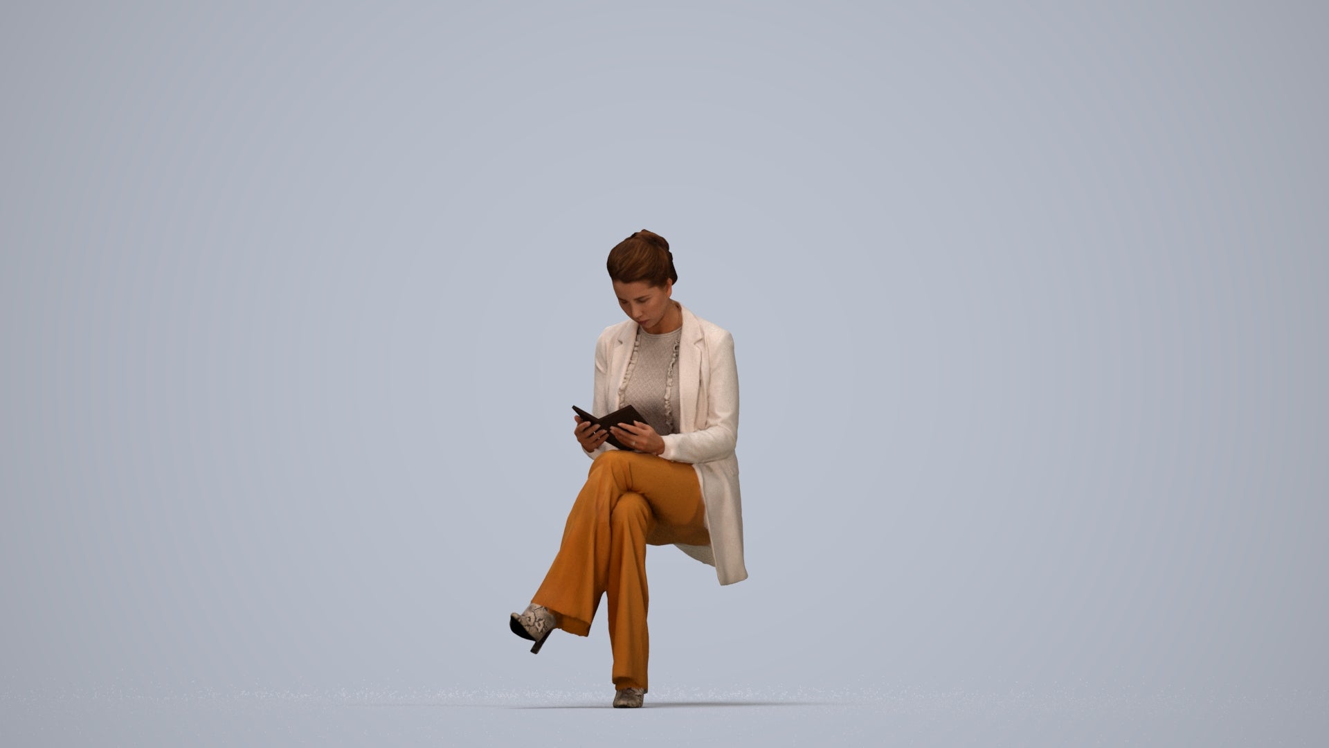 realistic 3D woman business sitting, scanned archviz people for Blender and 3ds Max, top-down view render