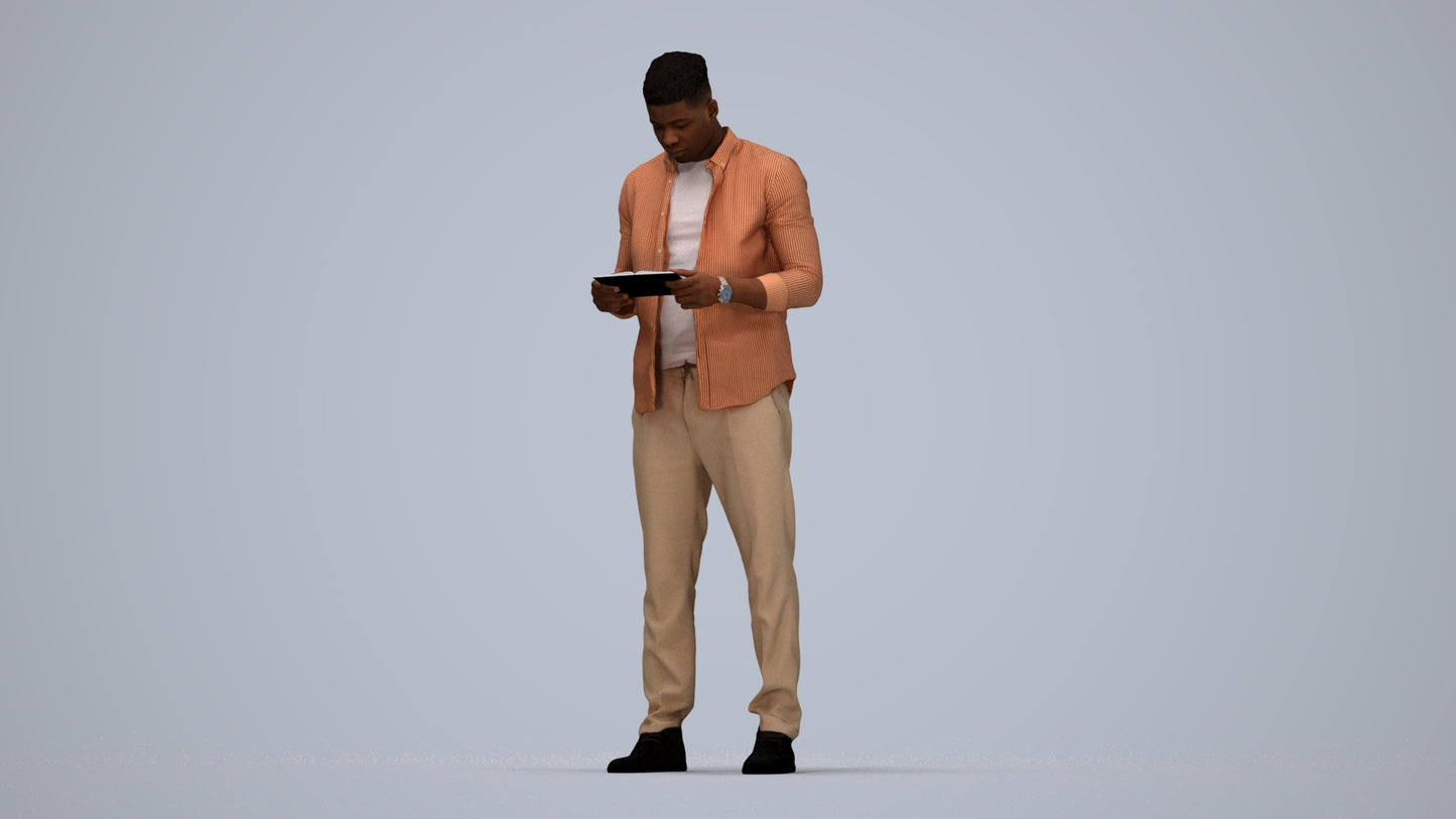 3D human model man casual standing, photogrammetry scanned person for archviz, top-down view render