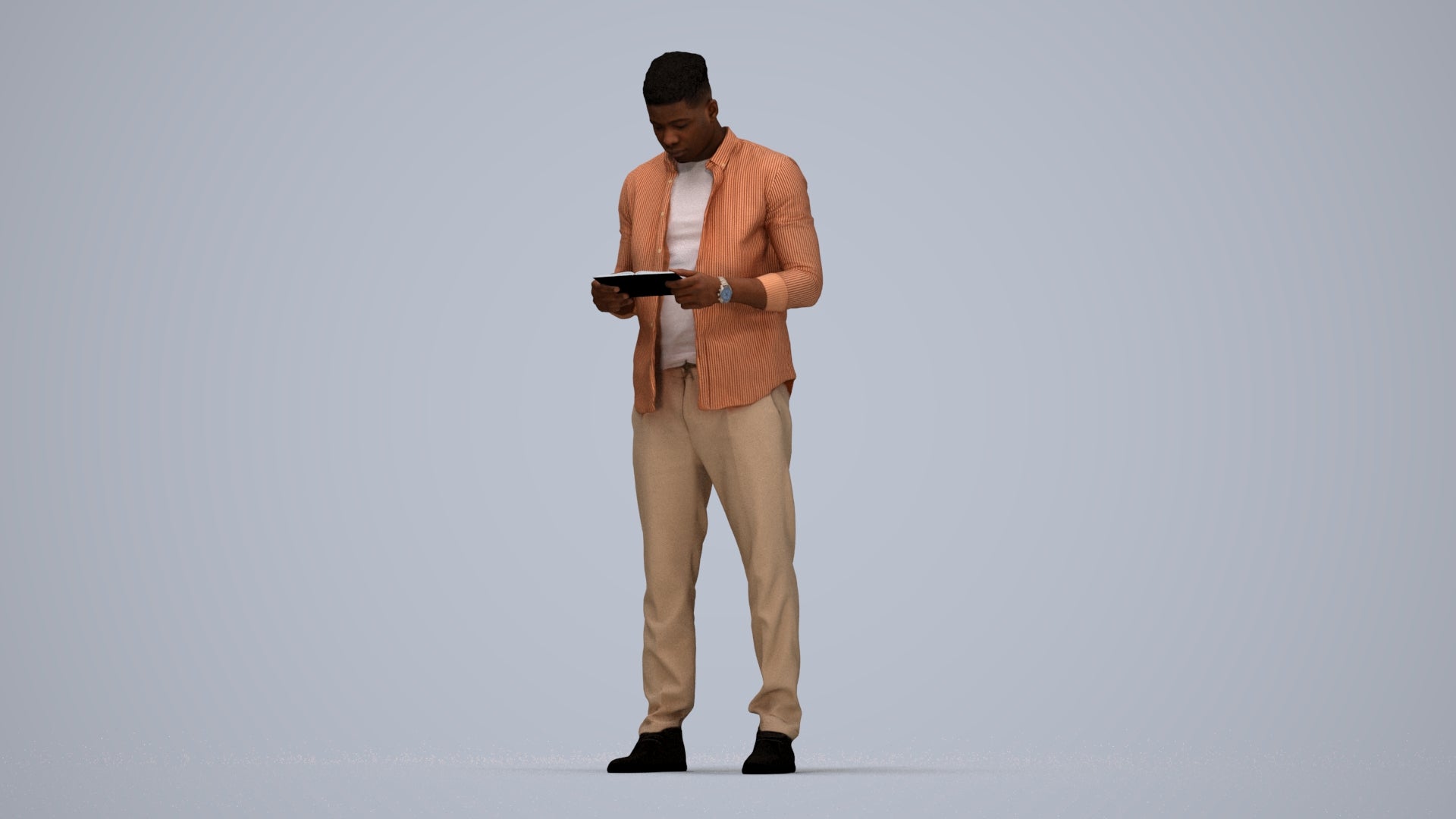 3D human model man casual standing, photogrammetry scanned person for archviz, top-down view render