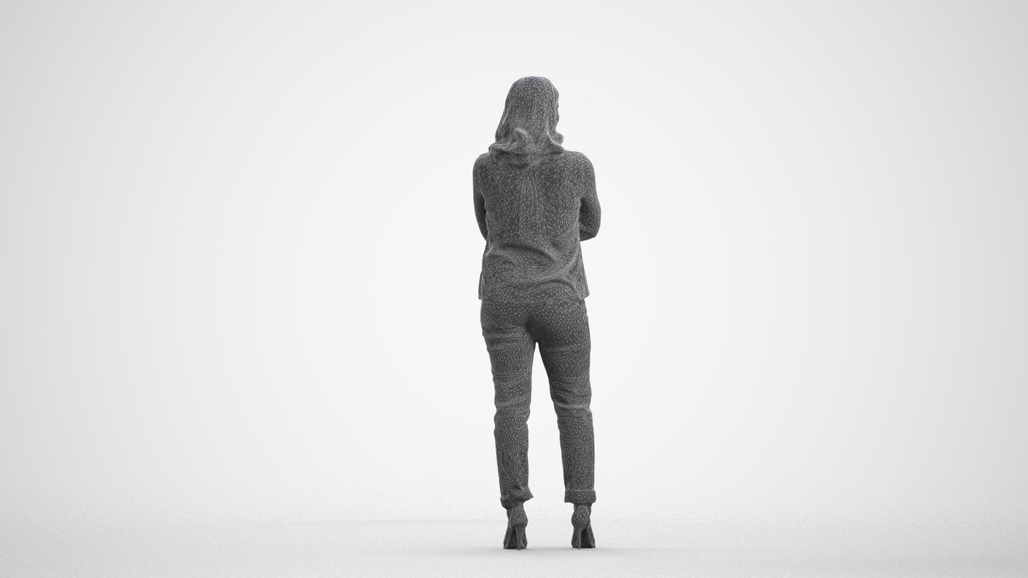 3D scanned woman standing casual, photorealistic archviz people for Enscape and SketchUp, wireframe front view