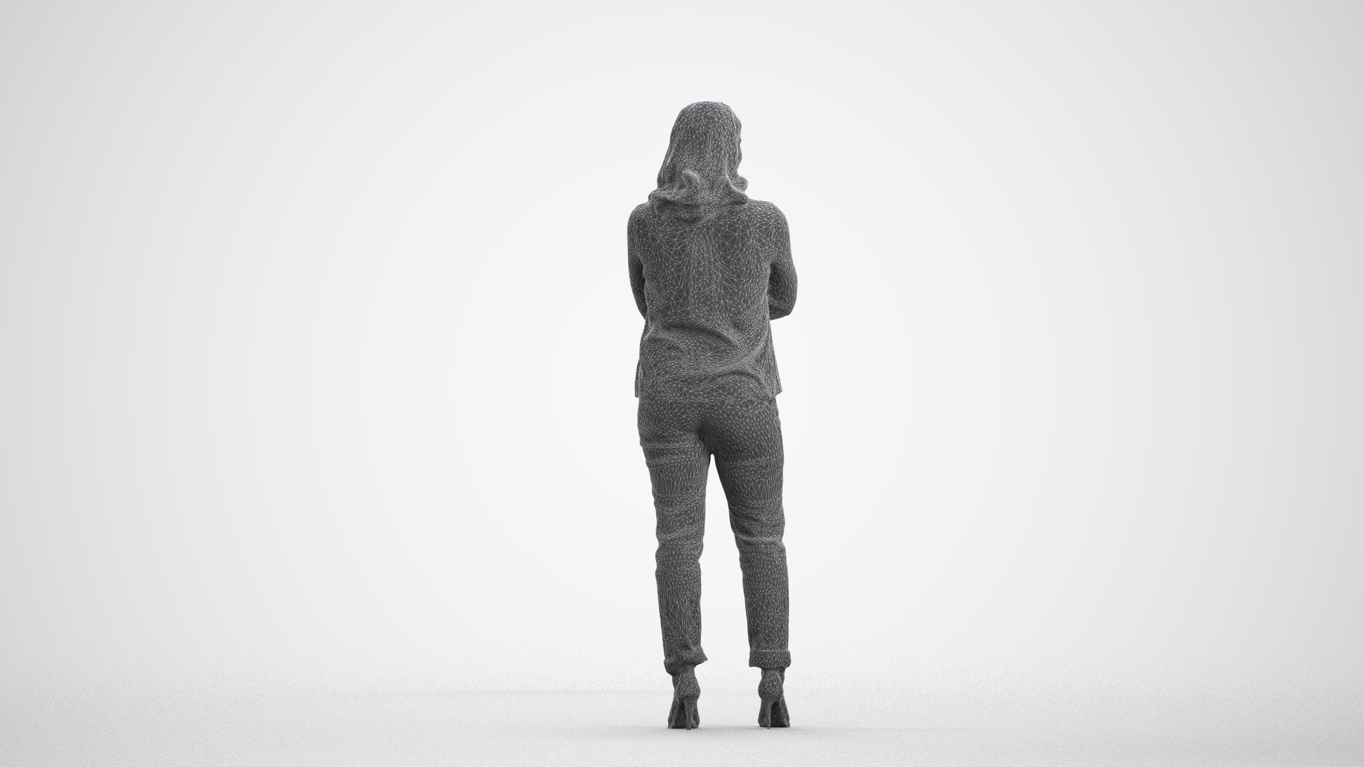3D scanned woman standing casual, photorealistic archviz people for Enscape and SketchUp, wireframe front view
