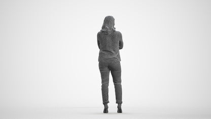 3D scanned woman standing casual, photorealistic archviz people for Enscape and SketchUp, wireframe front view