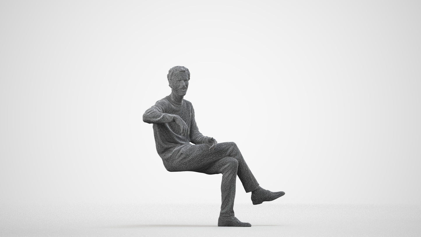 scanned 3D man casual sitting, photogrammetry people for Enscape and V-Ray, wireframe side view