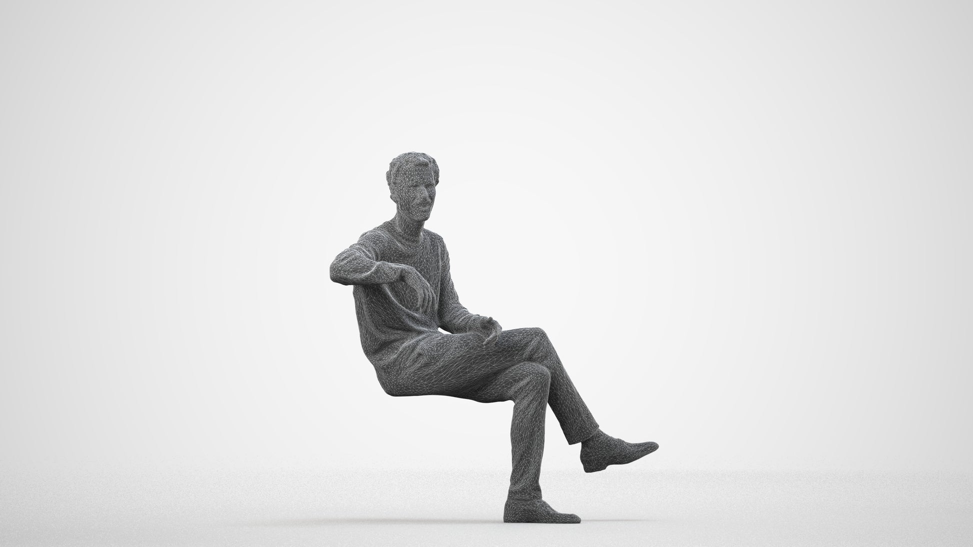 scanned 3D man casual sitting, photogrammetry people for Enscape and V-Ray, wireframe side view