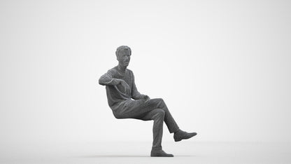 scanned 3D man casual sitting, photogrammetry people for Enscape and V-Ray, wireframe side view