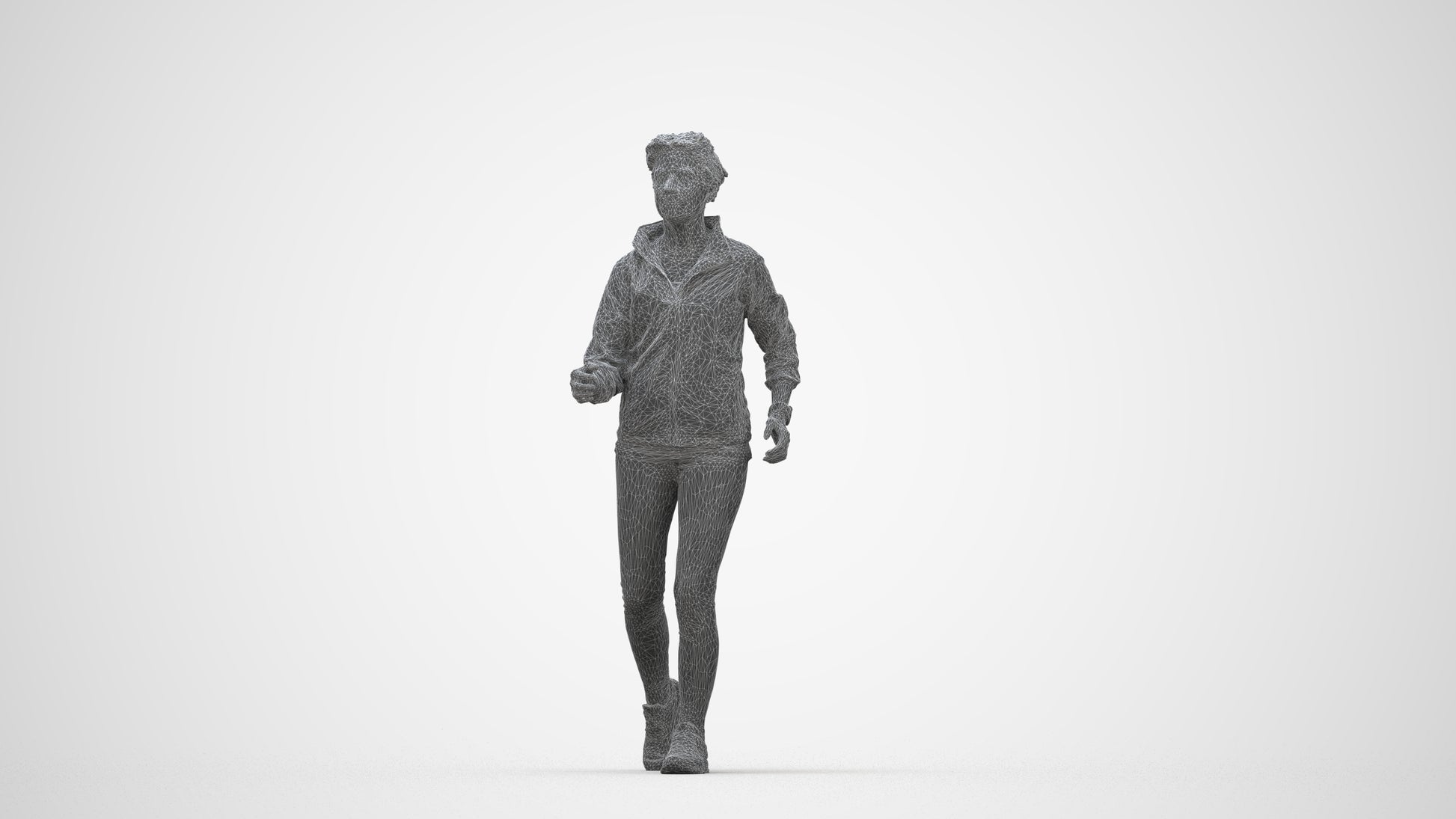 3D human model woman sport, photogrammetry scanned person for archviz, wireframe back view
