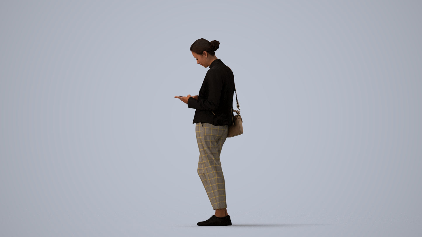 3D human model woman business standing, photogrammetry scanned person for archviz, three-quarter view render