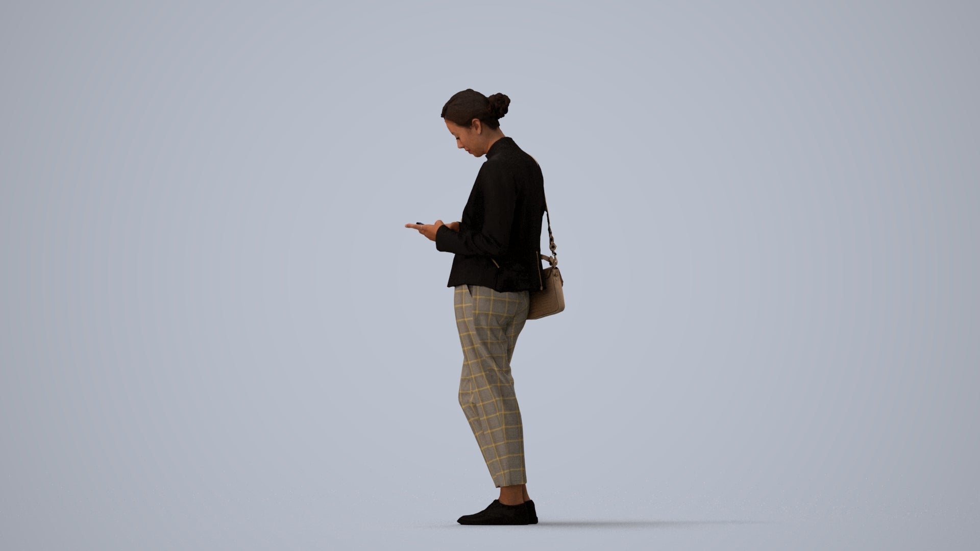 3D human model woman business standing, photogrammetry scanned person for archviz, three-quarter view render