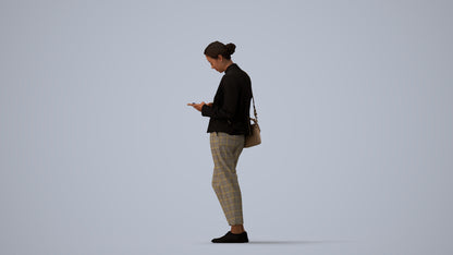 3D human model woman business standing, photogrammetry scanned person for archviz, three-quarter view render
